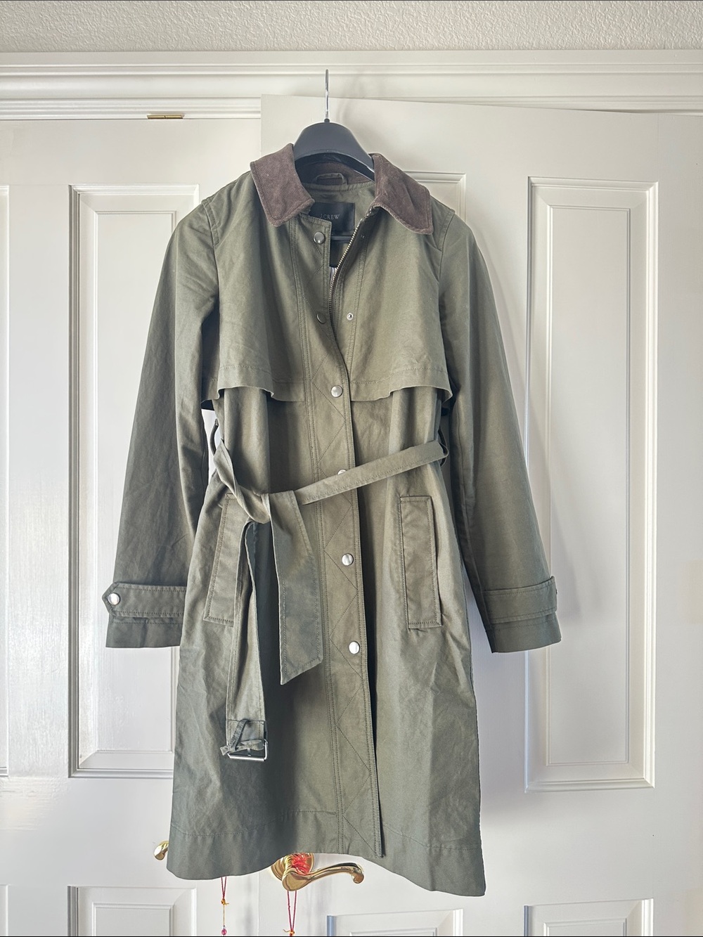 J. Crew Olive Trench Coat with Brown Corduroy Collar Tall XS